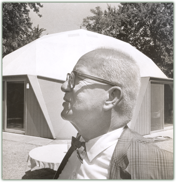 Bucky Fuller in front of Carbondale Home Dome