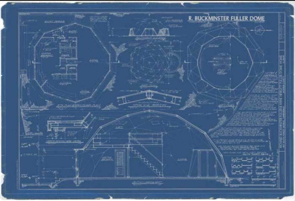 This reproduction of the Holland Prize is designed to recreate the illusion of a job-worn distressed blueprint. This version was created by Chris DeShazo from Thad Heckman's original winning drawing of the Fuller Dome Home. Images courtesy Library of Congress.