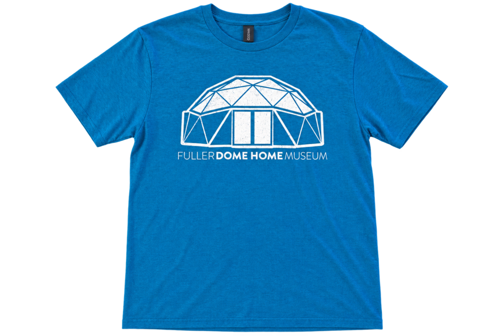 Blue Fuller Dome Home Museum T-shirt featuring a white geodesic dome design