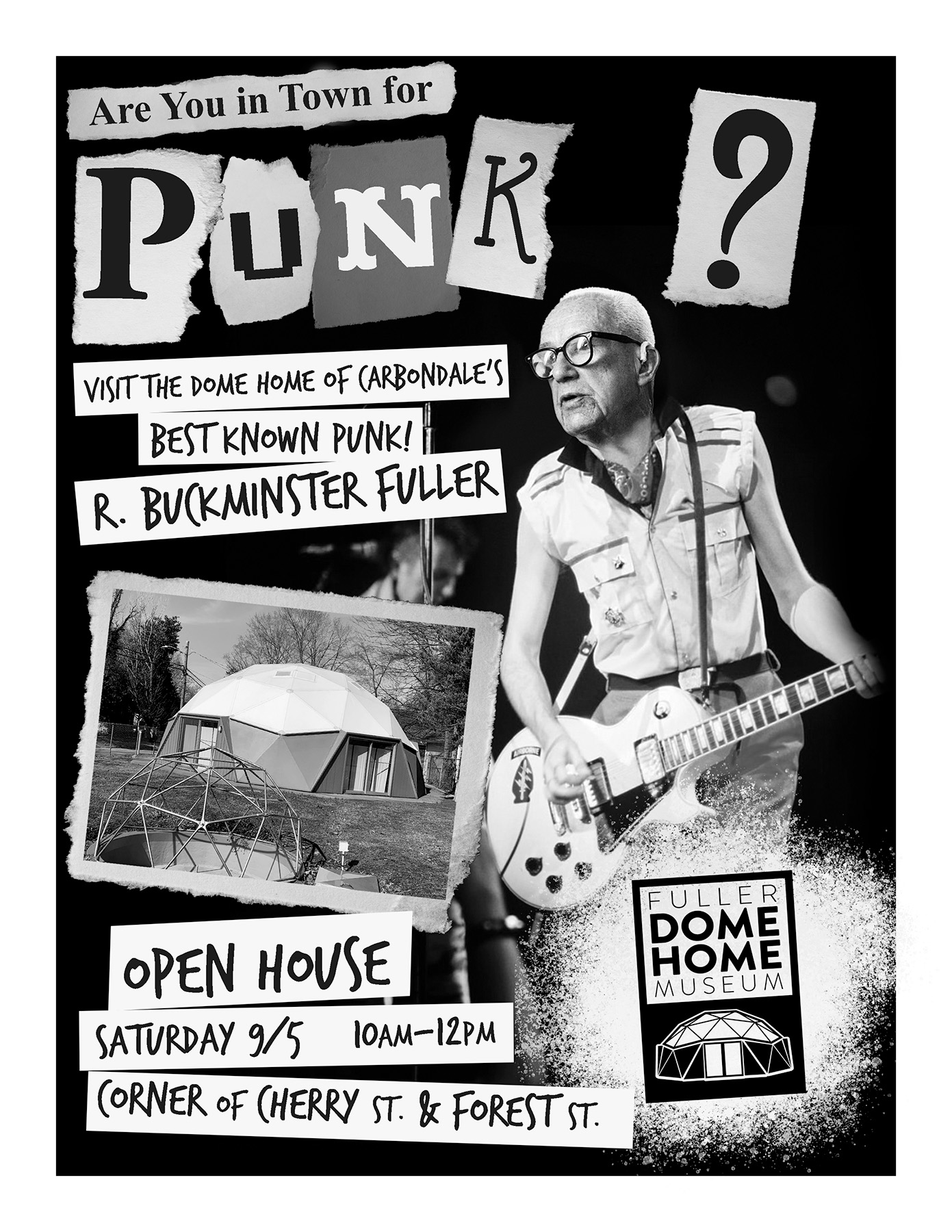 Poster for the Buckminster Fuller Dome Home open house during Lost Cross 40th weekend, Saturday, September 5, 10 a.m. to noon.