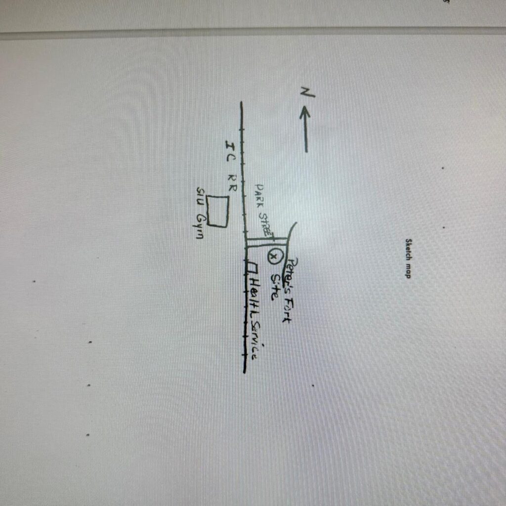 Hand-drawn map showing the Geodesic Site near Schneider Hall on the SIU Carbondale campus
